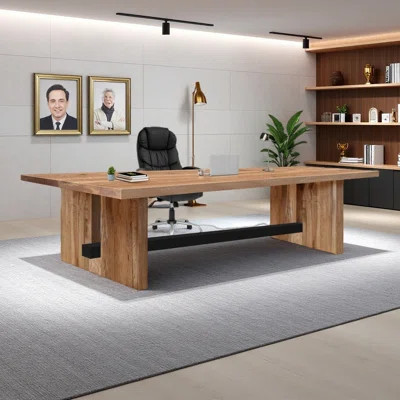 Natural Wood Solid Wood Executive Desk + Ergonomic Black Pu Leather Chair Set, Rectangular Computer Desk | Wayfair North America