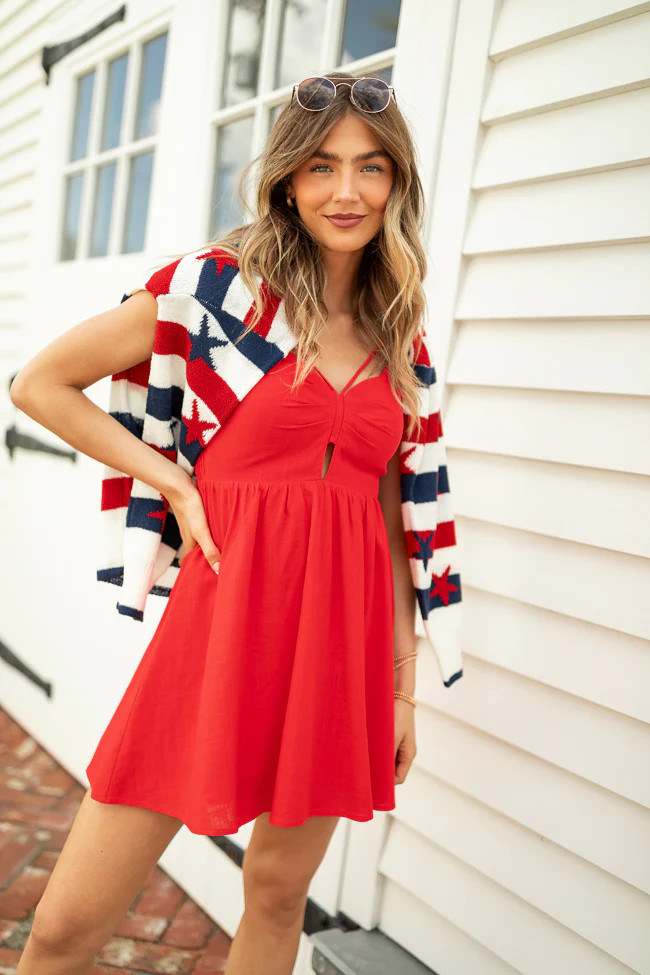 Rings A Bell Red V-Neck Mini Dress | Pink Lily