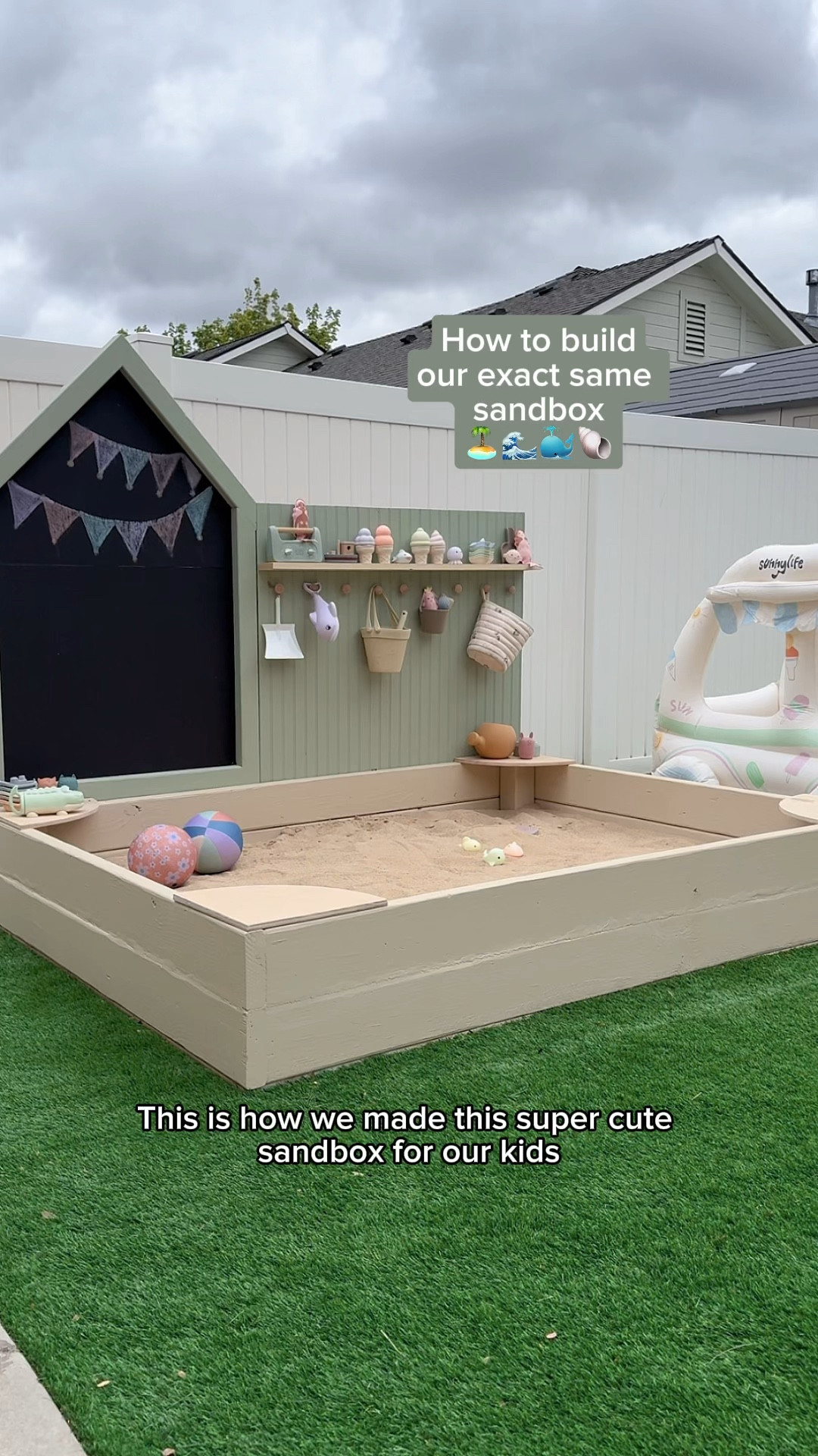 To build our sandbox we started off by using 4x4 to build the 4 posts. We made each post 12in tall.

We then used 2x6’s to build the walls. We did two high on each side. I wouldn’t recommend making your sandbox larger than 6x6 because most sandbox covers (available on Amazon) only go up to 6x6.

After attaching the walls to the posts (using 3in screws), we cut the 1/2in maple plywood to make the floor to the sandbox. We then attached the floor to the sandbox using 1 3/4in screws.

I then painted the sandbox in the color “Macadamia” by Valspar.

We then framed out a wall (to the desired length) using 2x3’s and used the 1/2in maple plywood to make the front of the wall.

For the detailing on the front of the accent wall, we got prefabricated siding (it’s linked as plywood panel siding) and attached it to the wall with a brad nailer.

We also made a house shaped, magnetic chalkboard that I will include a tutorial for in a separate video.

I painted both the chalkboard and the accent wall in “Cool Pine” by Valspar and attached them to the sandbox using 3in screws.

We used the poplar board as the shelf and tradition cabinet knobs as the hooks. We attached both these to the accent wall.

I laid weed barrier along the bottom of the sandbox and filled the sand box with 20, 50lb bags of sand.

We then used the remaining 1/2in maple plywood to cut four seats for each of the corners. 

I’ve linked everything we used here!

| DIY home project, sandbox, kid backyard play space, DIYs, screen free, toddler activities |

#DIY #DIYS #DIYhomeproject #homeDIY #sandbox #kidbackyard #playspace #DIYs #screenfree #toddleractivities 

#LTKhome #LTKkids #LTKfamily