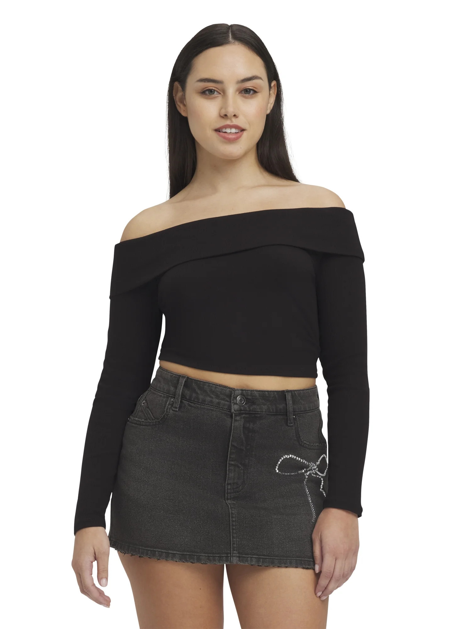 Mills by Millie Bobby Brown Women's Ribbed Off the Shoulder Long Sleeve Sweater, Sizes XXS-XXL | Walmart (US)