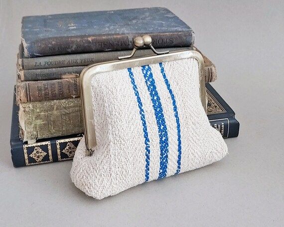 Small Coin Purse  Antique Grain Sack With Blue Stripes | Etsy | Etsy (US)