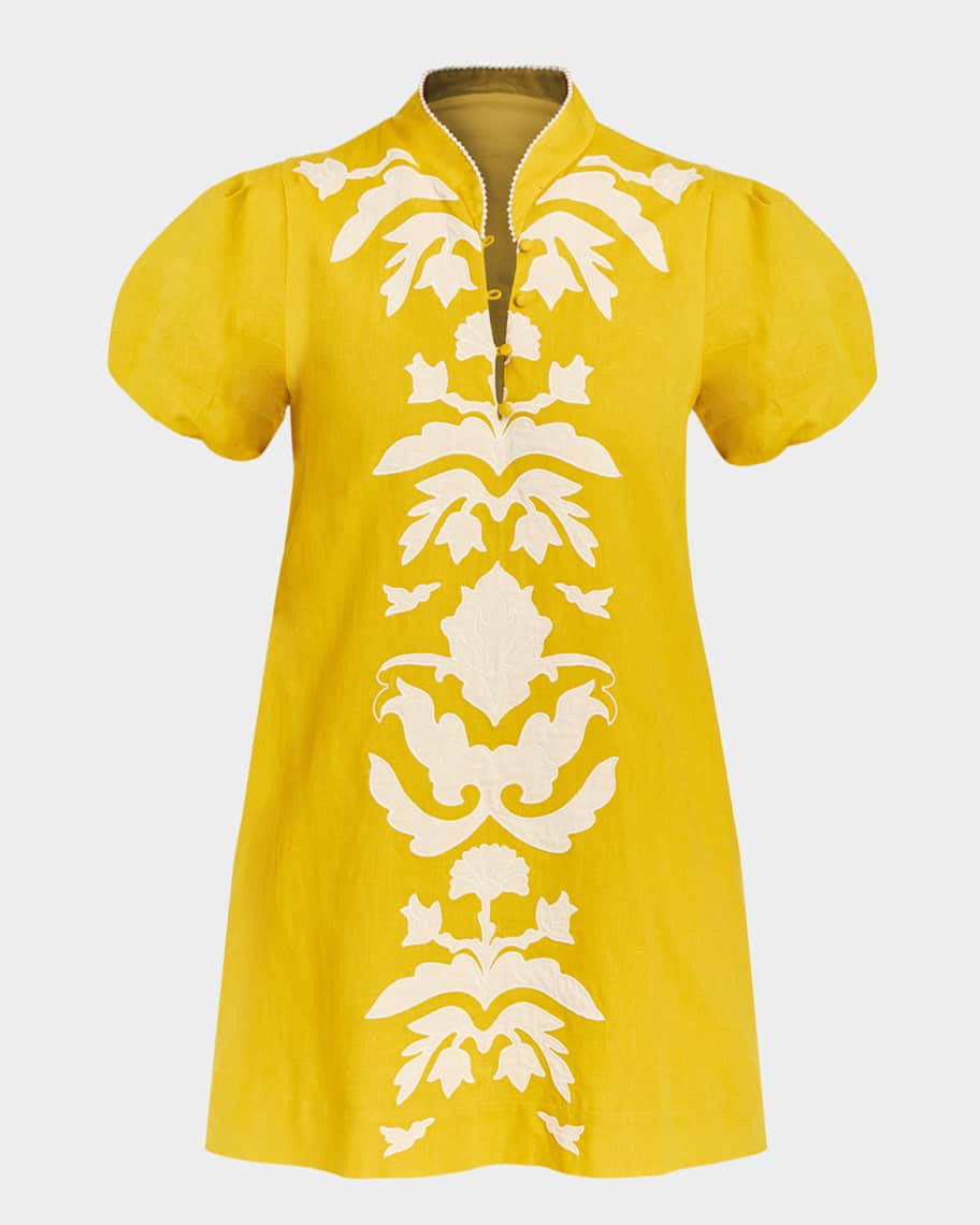 Mestiza New York Elliana Puff-Sleeve Floral Applique Mini Dress | Neiman Marcus