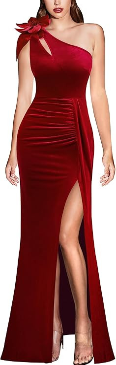 VFSHOW Womens 3D Flower One Shoulder Ruched Prom Formal Wedding Guest Maxi Dress 2023 Sexy Cockta... | Amazon (US)