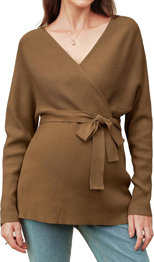 OUGES Womens Soft Cotton Blend Maternity Sweater Wrap V Neck Long Sleeve V Back Fall Shirts Pregn... | Amazon (US)