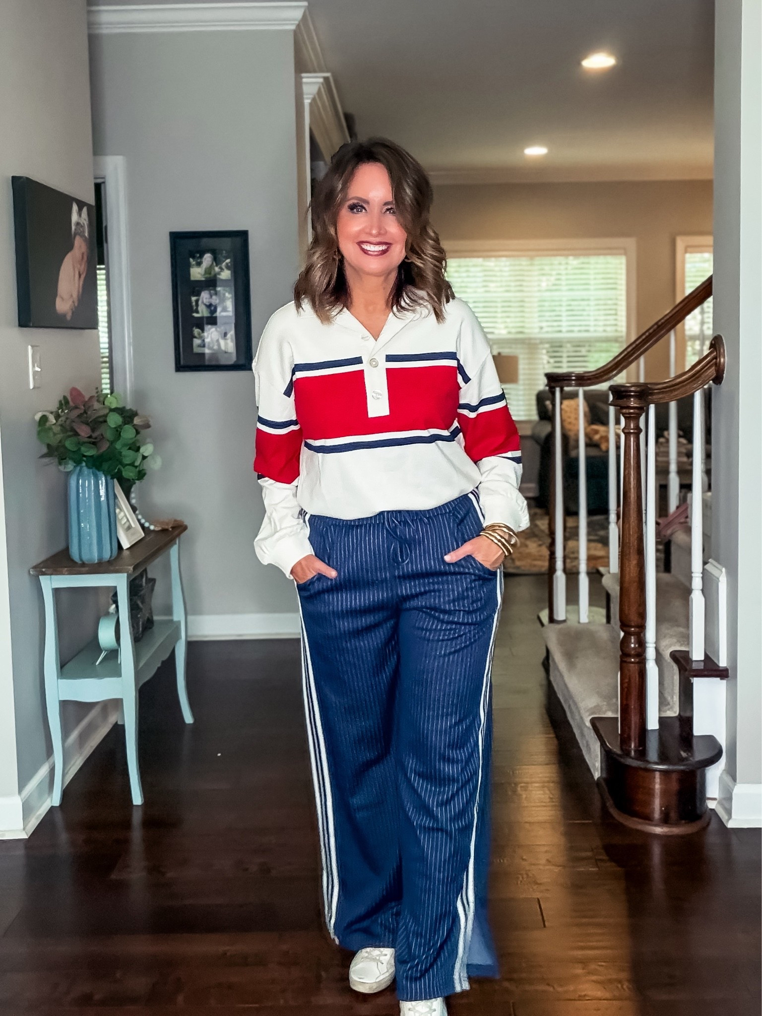 Casual lounge outfit / travel outfit / track pants / rugby shirt 

True to size (small in top / medium in pants)

#LTKgrwm #LTKootd #LTKOver40