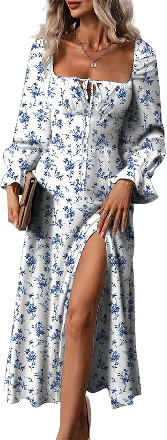 BLENCOT Women's Floral Print Puff Long Sleeve Maxi Dress Sexy Square Neck Tie Front Ruffle Hem Sp... | Amazon (US)