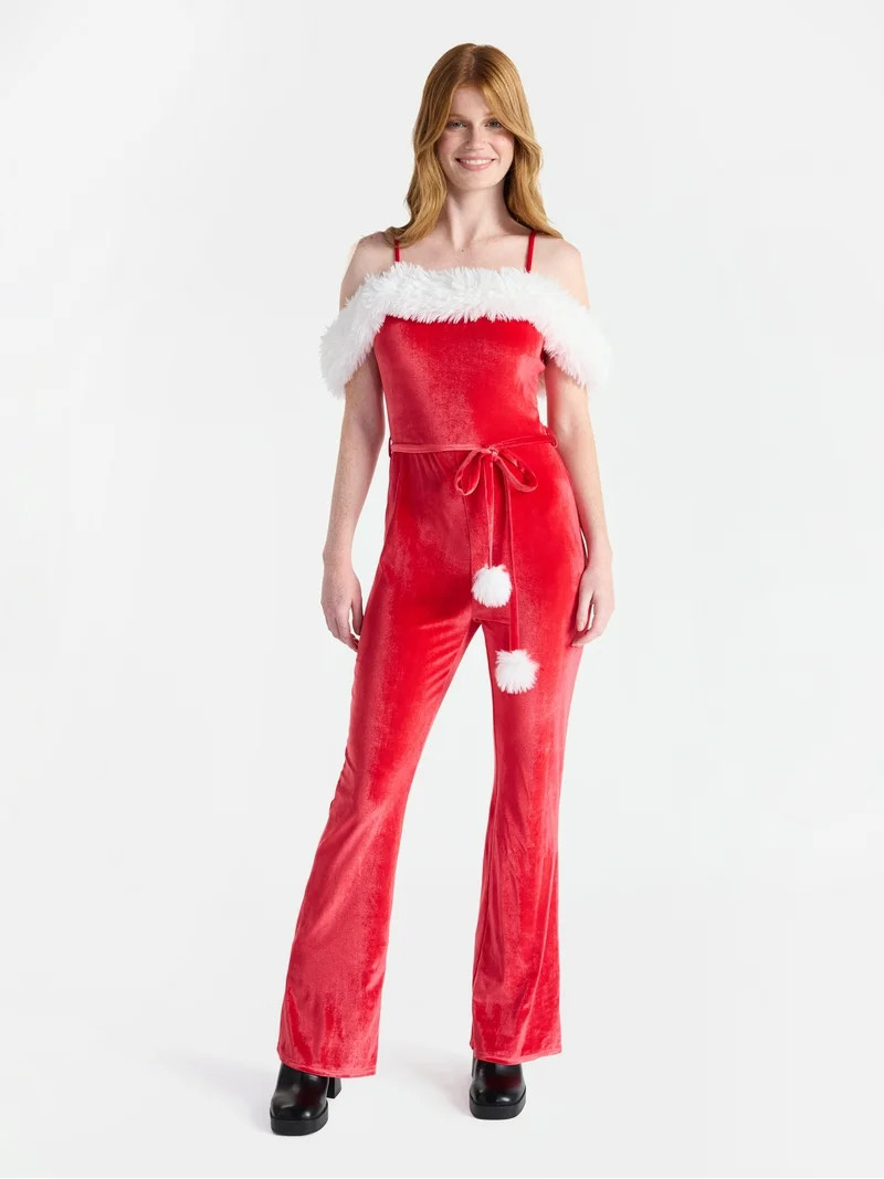 No Boundaries Christmas Santa Off-The-Shoulder Jumpsuit with Faux Fur Trim, Women's | Walmart (US)