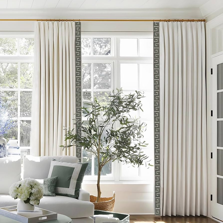 Beige Pinch Pleated Drapes with Embroidery Trim Cotton Blackout Thermal Insulated Window Curtain ... | Amazon (US)