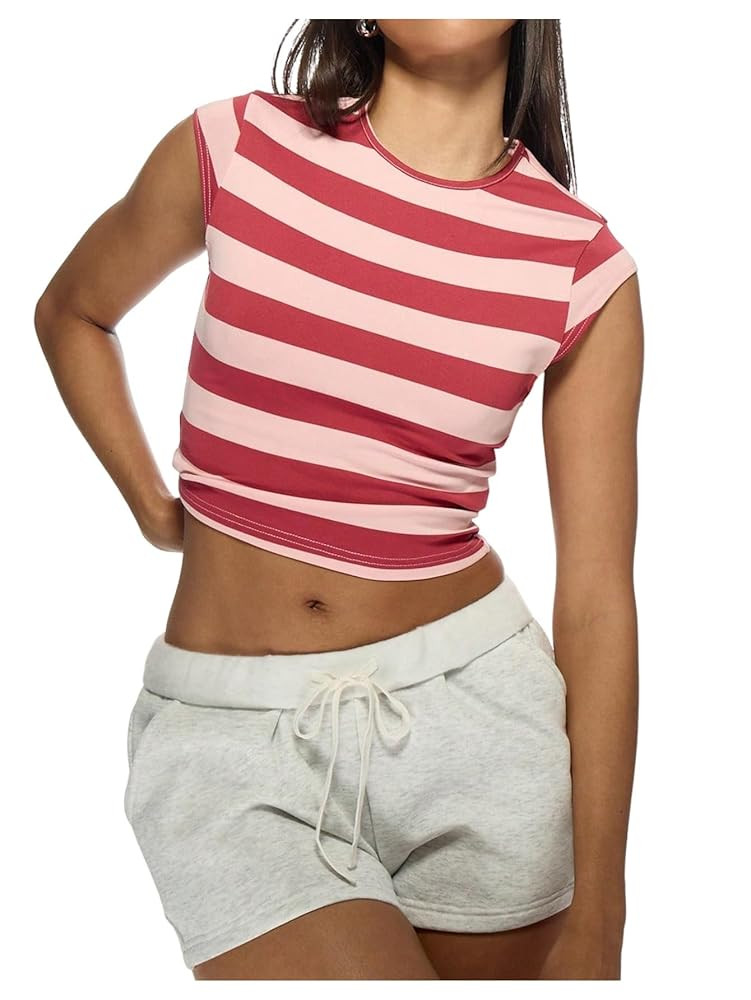 SOLY HUX Women's Color Block Striped Crop Top Retro Y2k Crew Neck Slim Fitted Summer Tank Shirts | Amazon (US)