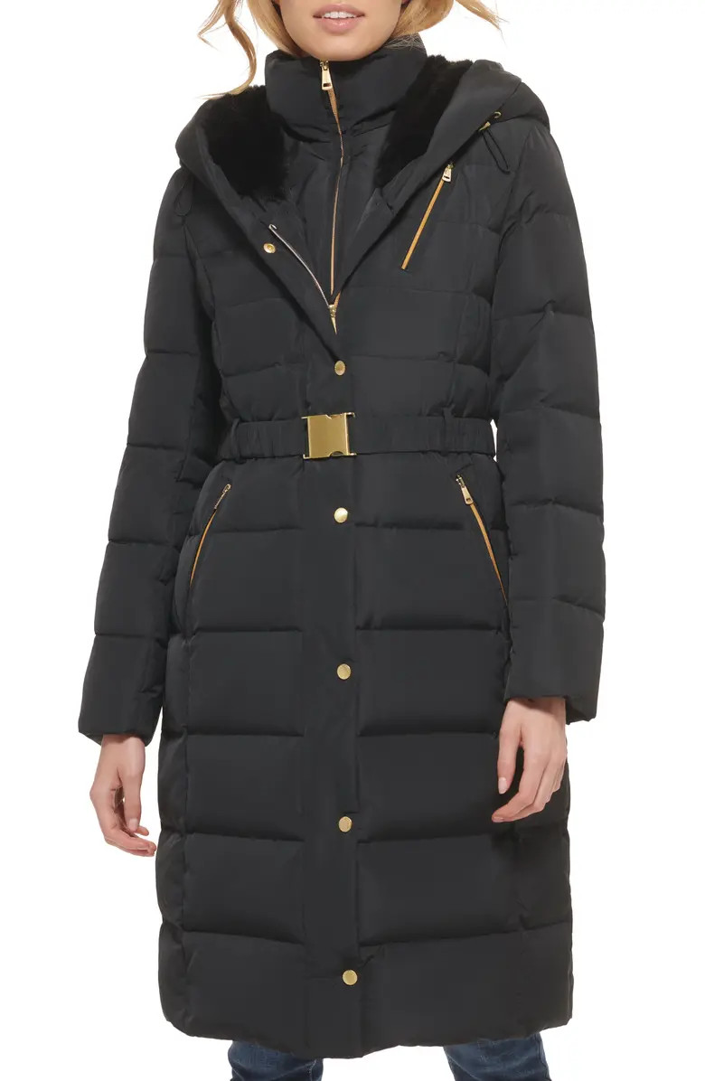 Cole Haan Signature Taffeta Down Faux Fur Trimmed Belted Coat | Nordstromrack | Nordstrom Rack