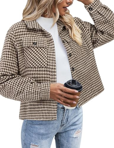 Zeagoo Flannels for Women Cropped Shacket Jacket Fashion Plaid Button Down Shirt 2026 Fall Coat Tops | Amazon (US)