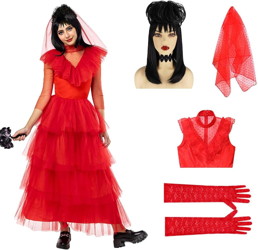 Lydia Costume for Halloween Women Red Dress with Black Wig Veil Lace Gloves Costume Set | Amazon (US)