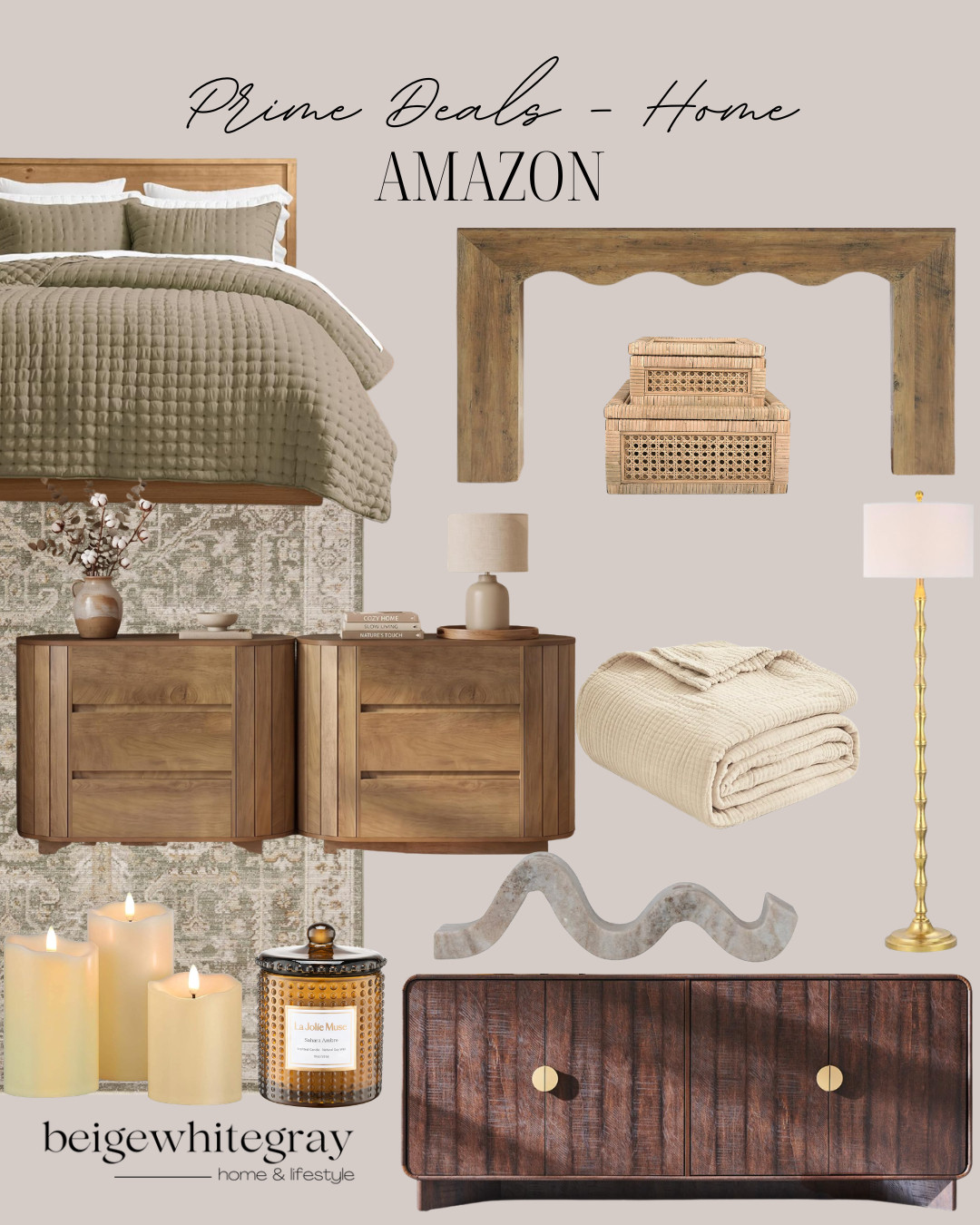 Amazon Prime home deals, Amazon home finds, Prime Day home decor, Amazon furniture finds, neutral home decor, cozy bedroom finds, Amazon bedding, quilt bedding set, vintage area rug, wood dresser, scalloped console table, rattan storage baskets, neutral throw blanket, brass floor lamp, flameless candles, luxury candle, marble home decor, wood media console, bedroom decor ideas, living room decor, warm neutral home, organic modern decor, transitional home decor, designer inspired Amazon finds, affordable home upgrades, cozy home essentials 

 #LTKHome #LTKSaleAlert