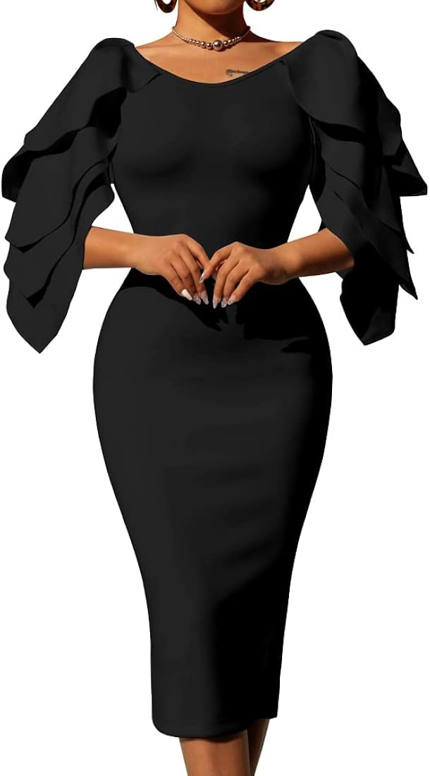 DAAWENXI Women's Elegant Ruffle Off The Shoulder Zipper Empire Midi Cocktail Dress | Amazon (US)