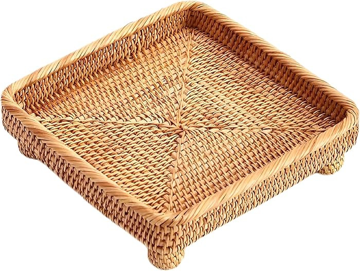 i-lan 9" Square Rattan Decorative Riser for Display,Small Items Serving Basket Vanity Tray - Squa... | Amazon (US)