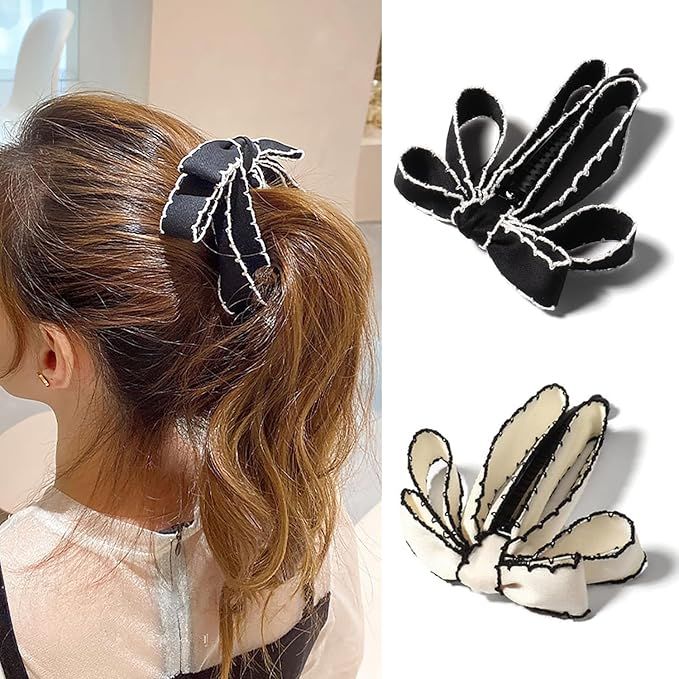 2 PCS Bow Banana Hair Clips, Ribbon Bowknot Ponytail Claw， Vertical Ponytail Claw Clip for Wome... | Amazon (US)