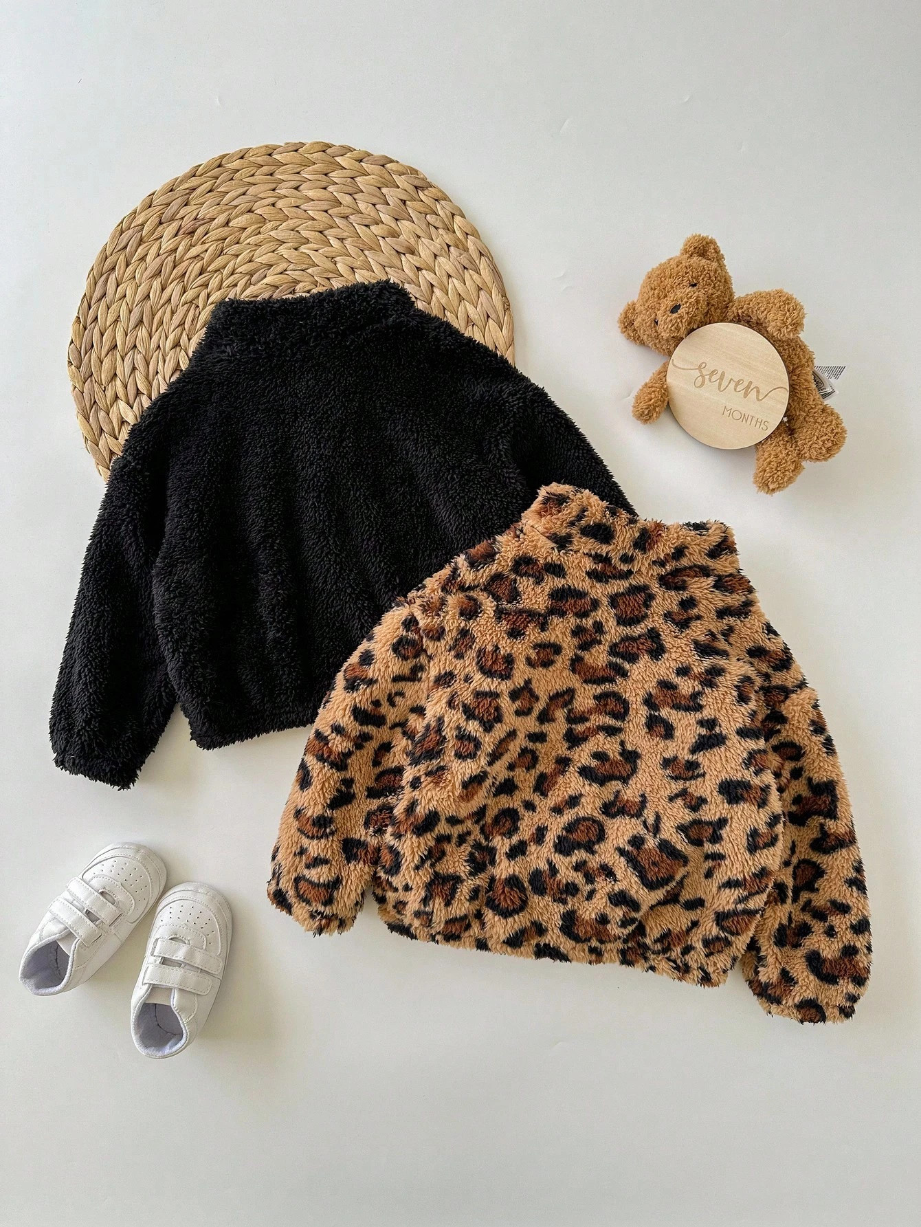 SHEIN 2pcs Babygirl Casual Fluffy Leopard Print Stand Collar Jacket, Autumn/Winter Fall | SHEIN