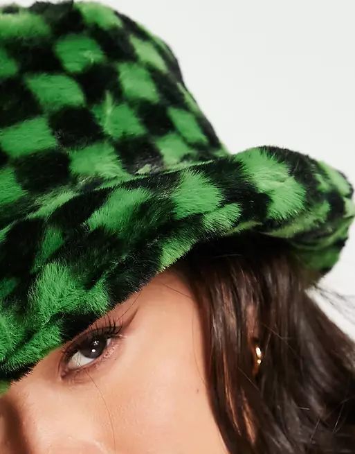 Jayley faux fur bucket hat in green check | ASOS (Global)