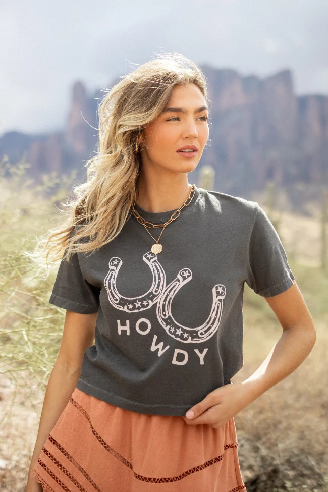 Howdy Horseshoes Dark Grey Boxy Graphic Tee | Pink Lily