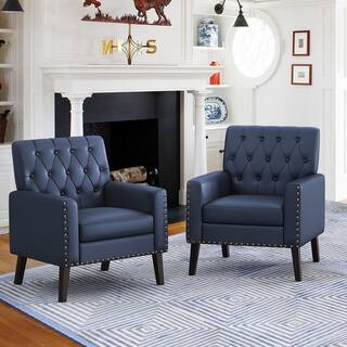Navy Blue and Walnut Faux Leather Mid Century Modern Button Tufted Accent Chair with Wood Legs (Set of 2) | The Home Depot