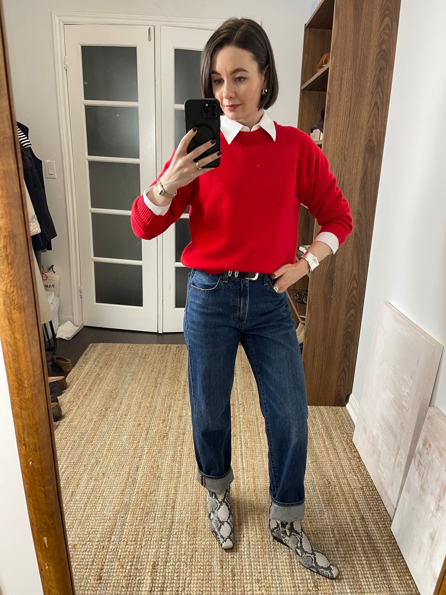 Red cashmere sweater (xs), straight leg jeans, snake print boots

#LTKSeasonal #LTKShoeCrush #LTKStyleTip