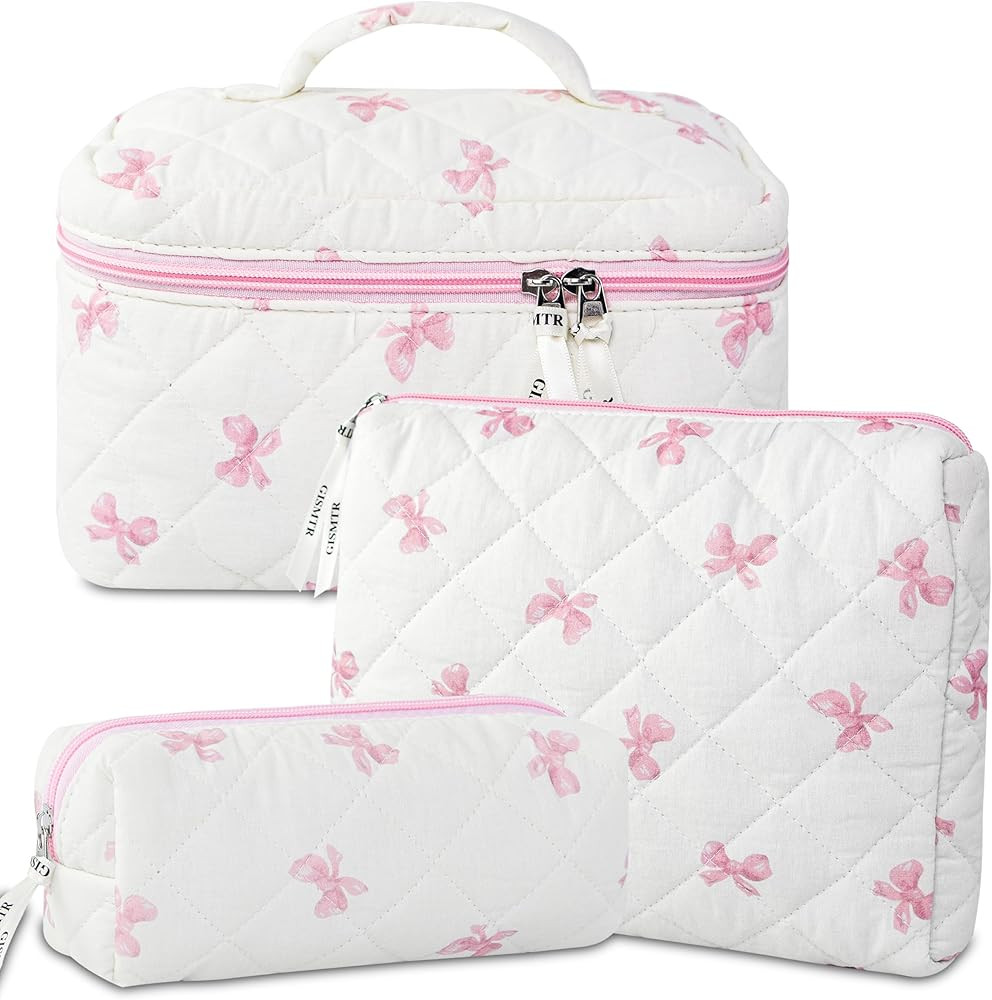 3PCS Makeup Bag Set, Cute Quilted Floral Cosmetic Bag, Large Travel Aesthetic Make up Bag, Coquet... | Amazon (US)
