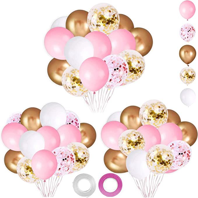 OuMuaMua 62Pcs Pink Gold Confetti Latex Balloons Kit, 12 Inch Pink White Gold Helium Balloons Par... | Amazon (US)