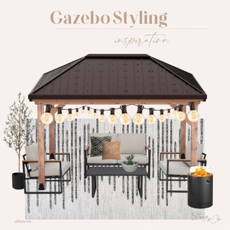 This gazebo styling includes a loveseat, chair and coffee table set, with a gray striped outdoor rug, tabletop planter, faux olive tree with a black pot, orange and black outdoor pillows, outdoor sting lights, and a fire pit. 

Outdoor decor, outdoor furniture, patio seating, Amazon home 

#LTKstyletip #LTKfindsunder100 #LTKhome