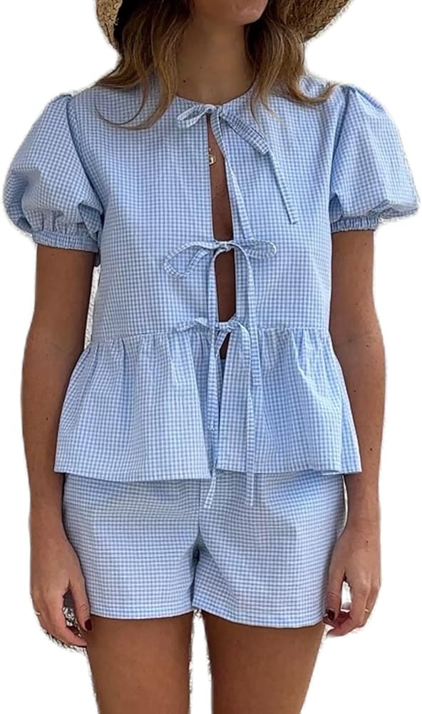 XBTCLXEBCO Women 2 Piece Plaid Pajamas Sets Puff Sleeve Tie Front Peplum Shirt Shorts Set Y2k Mat... | Amazon (US)
