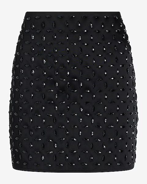 High Waisted Satin Rhinestone Studded Mini Skirt | Express