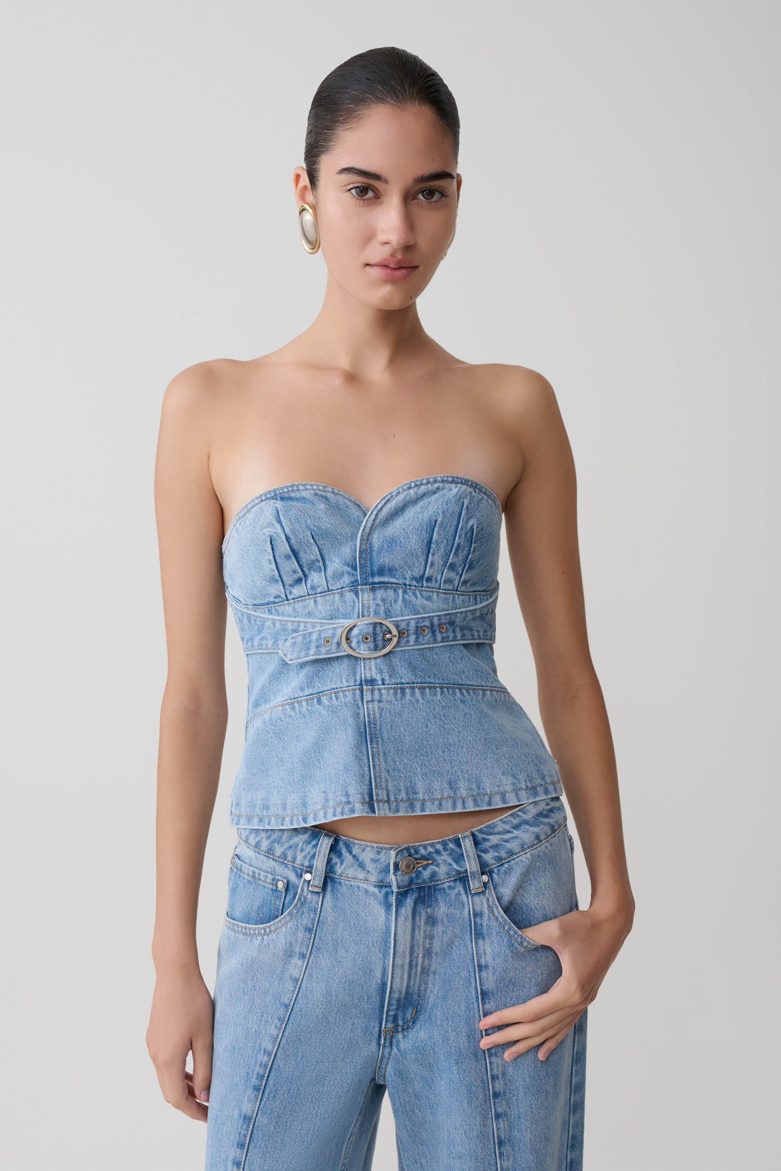 Tommy Strapless Denim Top With Buckle - Classic Blue | Meshki UK