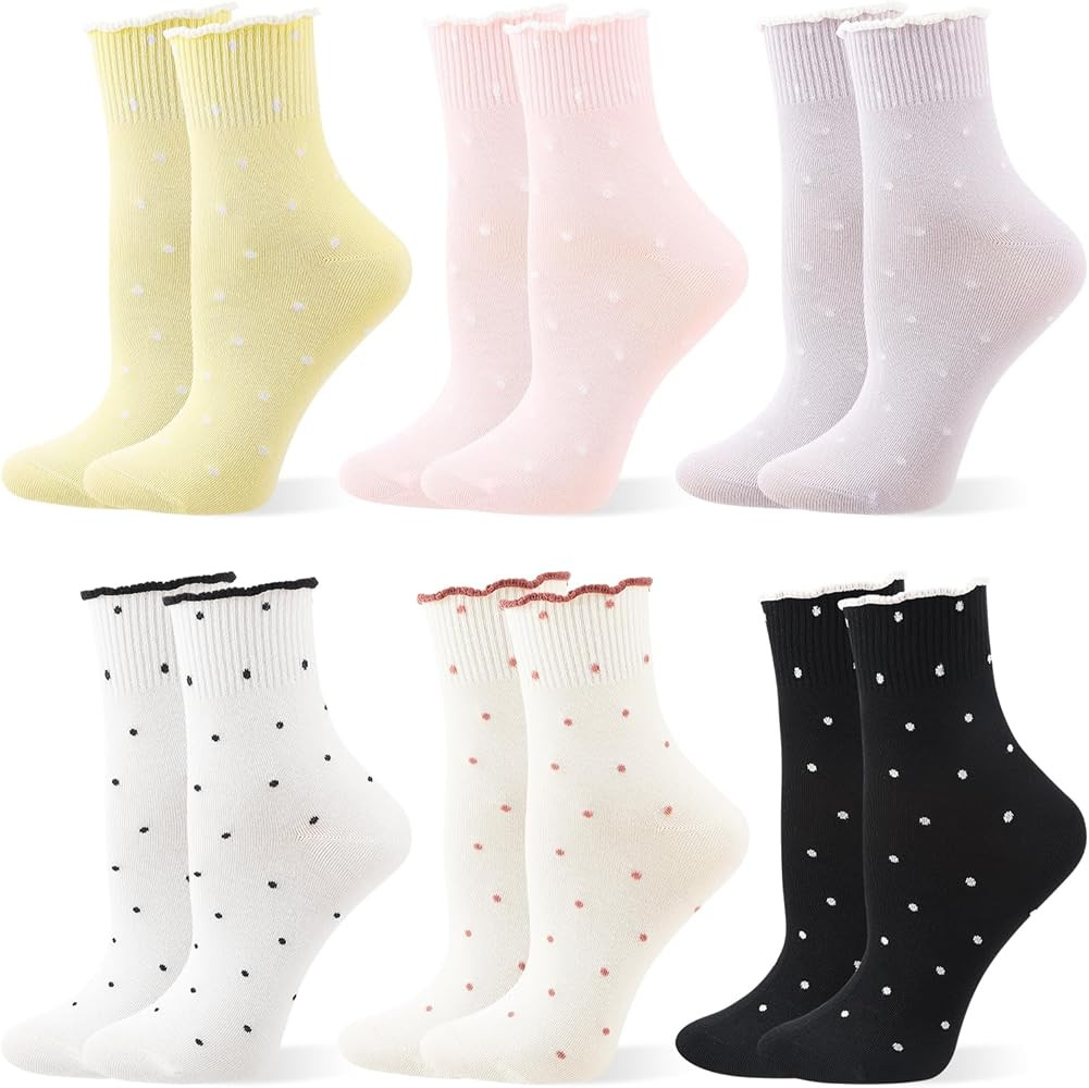 Cute Ruffle Cotton Crew Socks for Women Bow Striped Polka Dot Checkered Casual Soft Princess Sock... | Amazon (US)