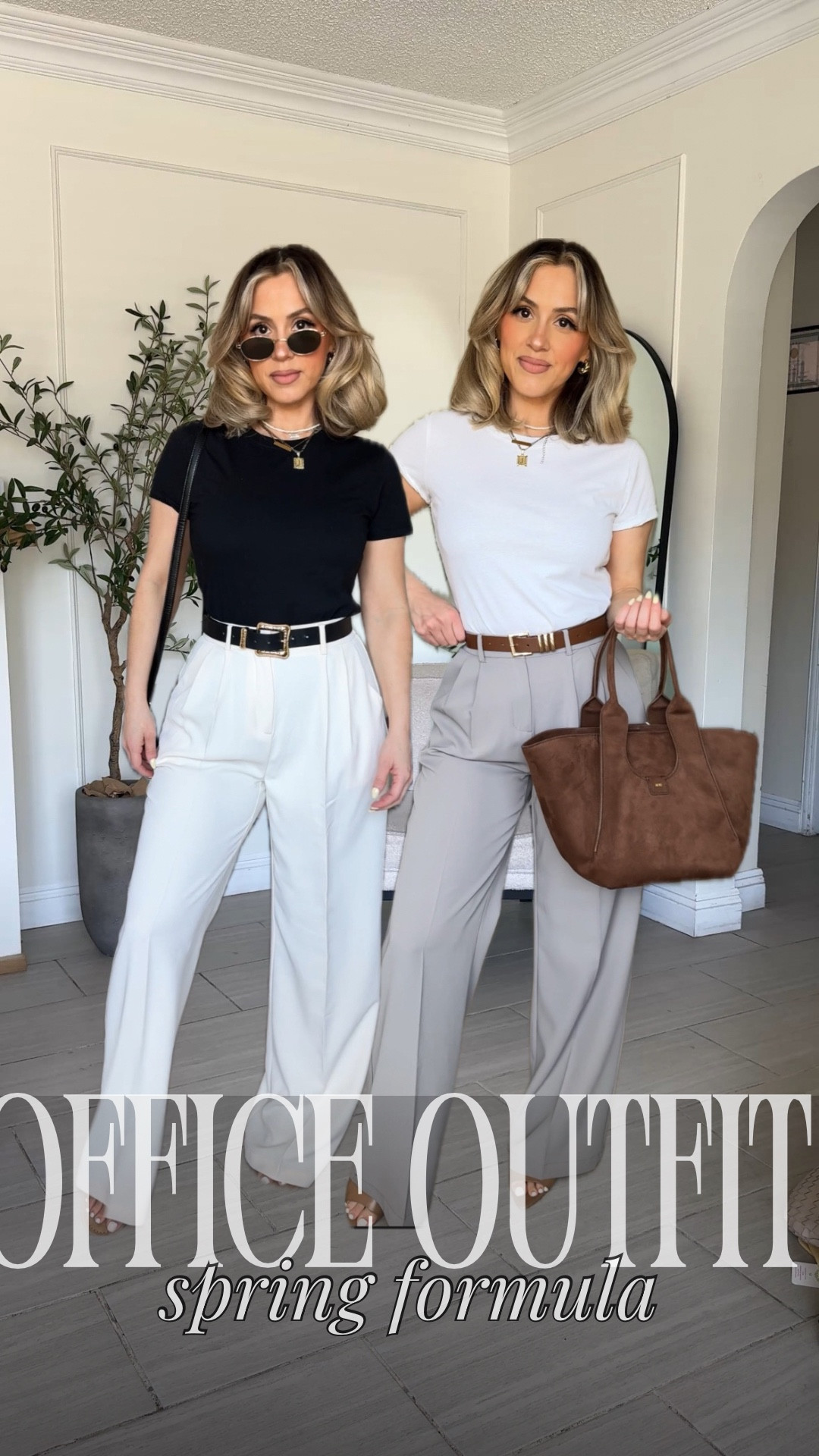 Spring office outfit formula for my corporate girlies 😍

✔️ the trousers are from the same brand, same size just different color. The first ones are in BEIGE the second ones are in LIGHT GREY. | I'm wearing them in SMALL LONG THIN (I'm 5'2) and I can wear them comfortably with a 3 inch heel or sneakers. 

✔️ I promise you that these crewneck T-shirts are not like the rest. These are good quality very nice T-shirts that look very professional. They're not vintagey they're not very thin. They are a nice crisp quality.. 

#LTKU #LTKPetite #LTKWorkwear