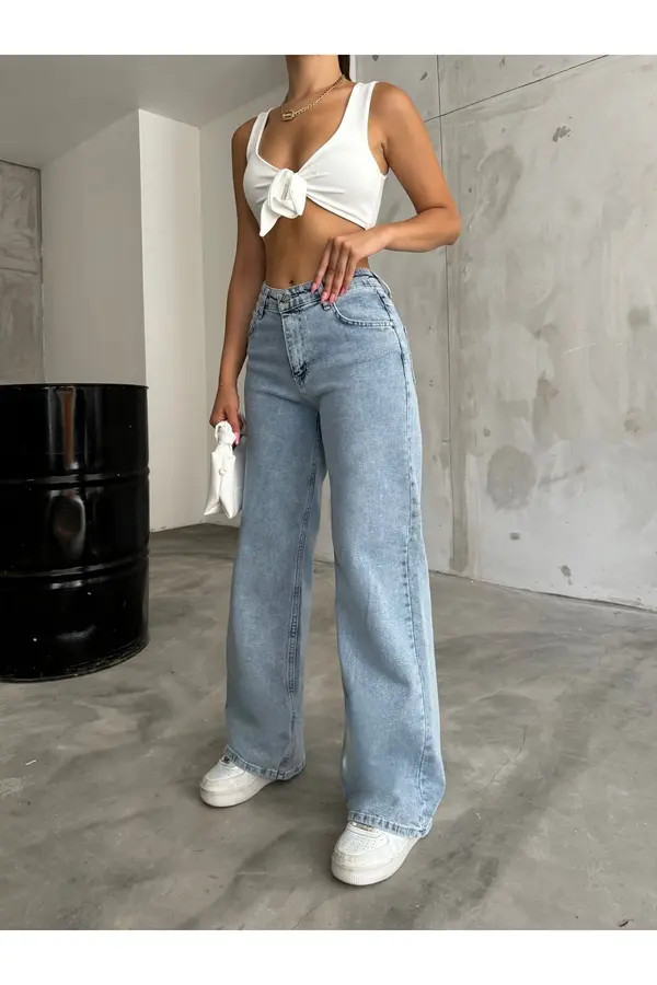 Hellblaue, lockere, lässige Palazzo-Jeans für Damen mit hoher Taille und weitem Bein | Trendyol DE