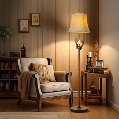 Rustic Farmhouse Antlers Floor Lamp With Night Light Faux Leather Bell Shade Brown Finish Tall Industrial Tall Standing Lamp Decor For Living Room Bed | Wayfair North America
