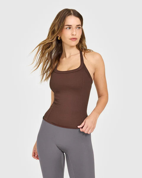 Mellow™ Rib Halter Neck Vest with Built in Bra Shelf 
 Copper Brown | Oner Active (UK / US)