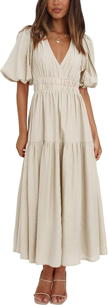 Lucrosun Women's Summer V Neck Short Puff Sleeve A Line Tiered Midi Dress | Amazon (US)