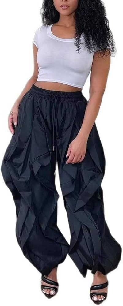 LROSEY Women Baggy Ruffle Wide Leg Pants Trendy Casual Y2k Drawstring Cargo Joggers with Pockets | Amazon (US)