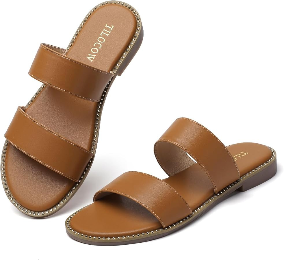 Tilocow Women's Flat Sandals with Rivets Inlaid Slip on Sandals Two Strap Casual Summer Slide Sho... | Amazon (US)