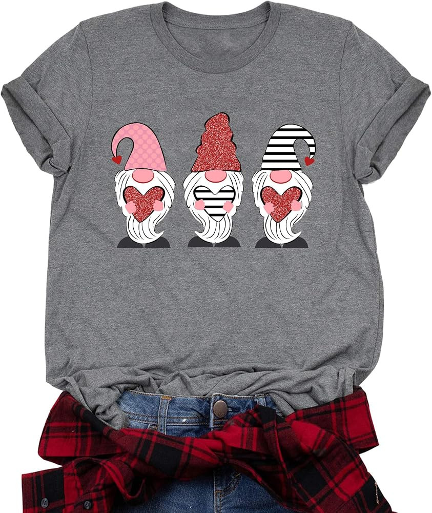Valentine's Shirt for Womens Cute Gnomes Love Heart Printed Tees Short Sleeve Graphic Tops | Amazon (US)