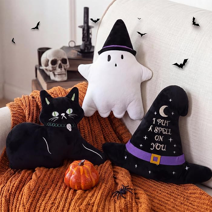 Huwena 3 Pcs Halloween Throw Pillows, Witch Hat Ghost Cat Shapes Pillows | Amazon (US)