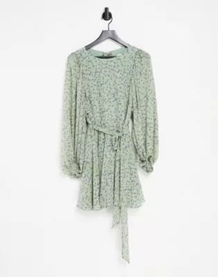 Ever New open back volume sleeve mini dress with tie waist in green ditsy floral | ASOS (Global)