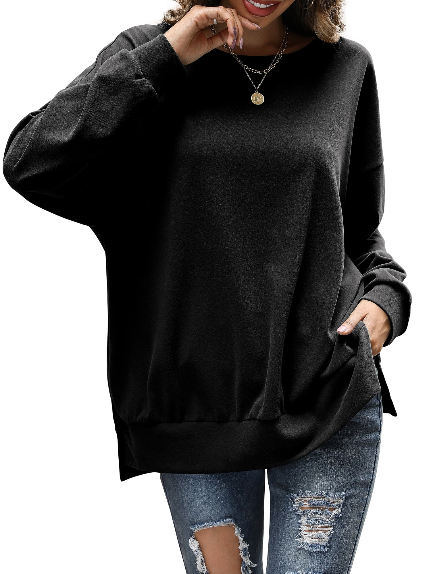 Amoretu Womens Fall Sweatshirts Long Sleeve Casual Pullovers Side Split, Black M | Walmart (US)
