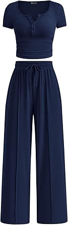 PRETTYGARDEN Womens 2 Piece Outfits Summer 2026 Ribbed Knit Button Short Sleeve Tops Casual Wide ... | Amazon (US)