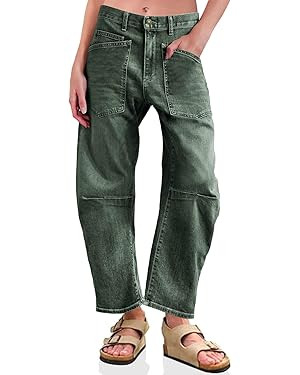 PLNOTME Womens Baggy Barrel Horseshoe Jeans High Waisted Wide Leg Vintage Denim Pants with Front ... | Amazon (US)