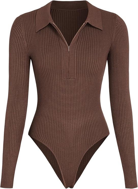 CIDER Women's Solid Rib Zip Up Collar Knitted Bodysuit | Amazon (US)