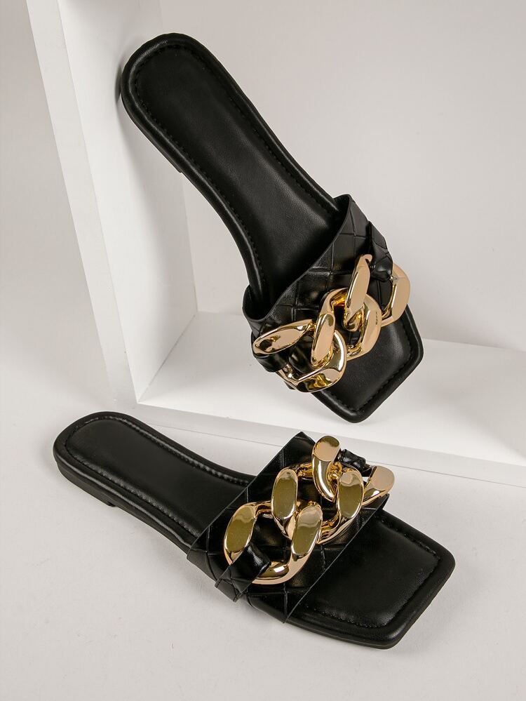 Faux Leather Chain Decor Square Toe Sandals | SHEIN