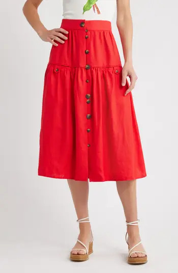 FARM Rio Mixed Buttons Linen Midi Skirt | Nordstrom | Nordstrom