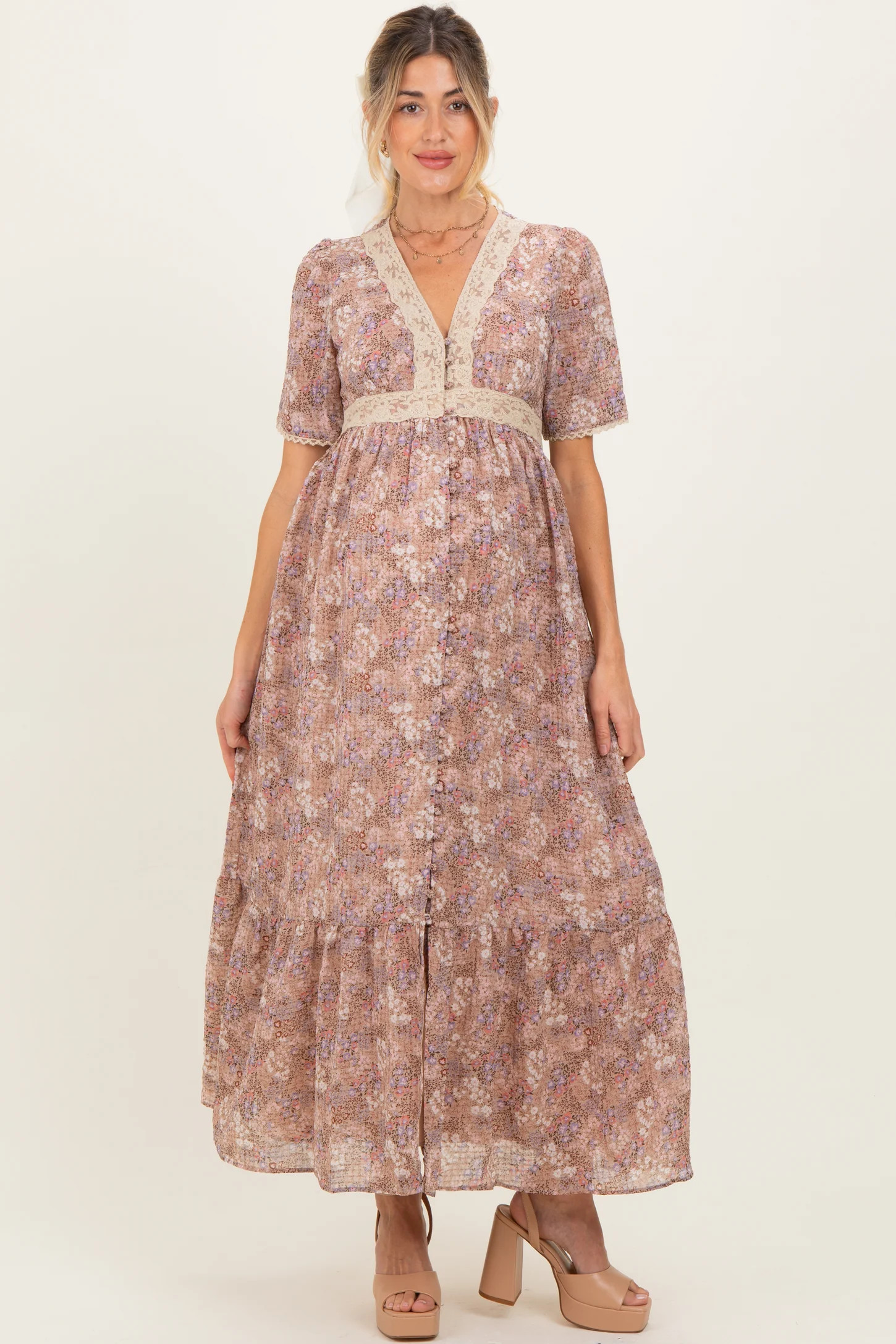 Mauve Floral Lace Detail Button Down Maternity Maxi Dress | PinkBlush Maternity