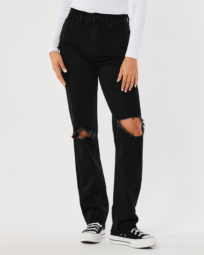 Ultra High-Rise Ripped Black 90s Straight Jeans | Hollister (US)
